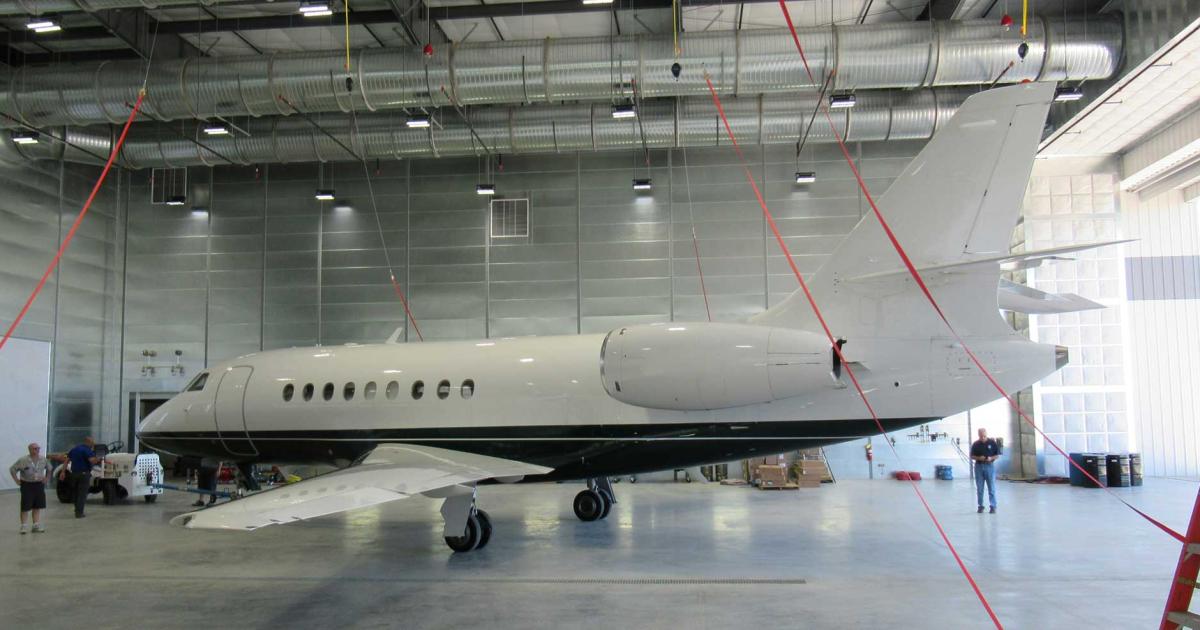 A Falcon 2000 is the first aircraft to undergo maintenance in the newly-enlarged West Star Aviation MRO facility at Tennessee's Chattanooga Metropolitan Airport/Lovell Field.