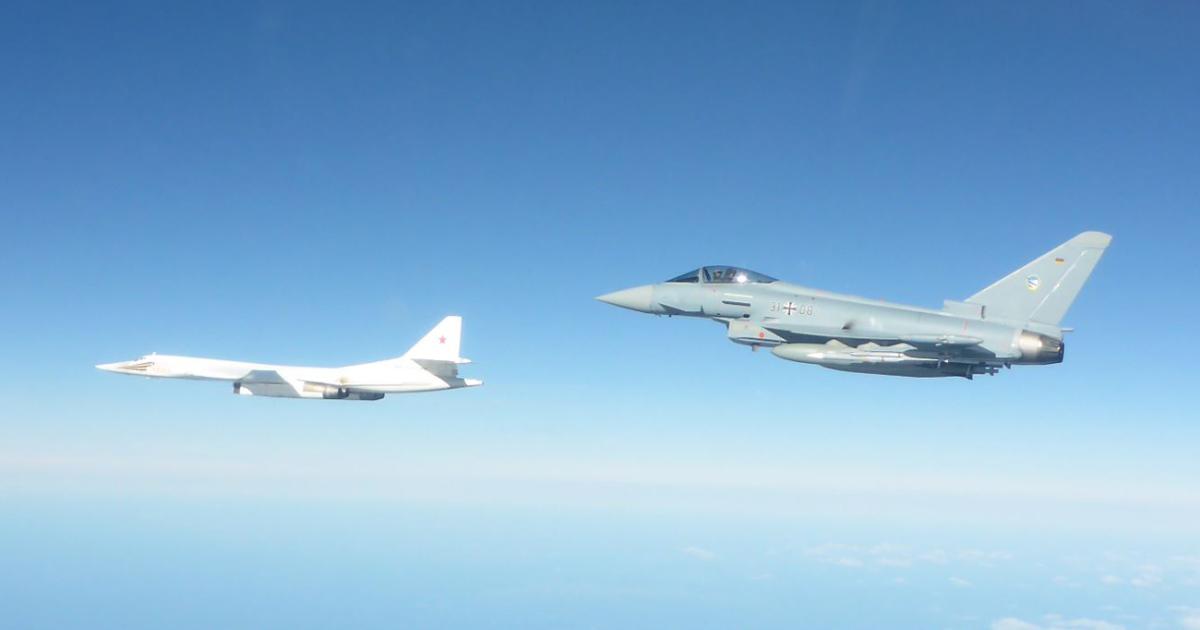 Typhoons from the Luftwaffe's Jagdgeschwader 74 are currently deployed at Amari in Estonia. They have encountered a variety of Russian hardware, including the Sukhoi Su-35 and, as here, the Tupolev Tu-160 "Blackjack" strategic bomber. (Photo: JG 74)