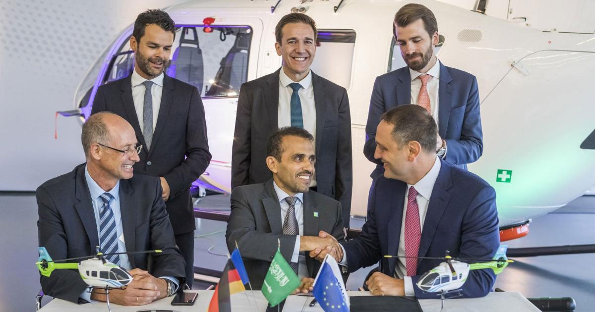 Shown at the September 6, 2018 signing: Front row, left to right: Wolfgang Schoder, CEO of Airbus Helicopters Deutschland; Abdulhakim Gohi, vice president of industrial services, Aramco; Daniel Rosenthal, CEO of Milestone Aviation.Back row, left to right: Alexis Vidal, Airbus Helicopters vice president of sales - oil & gas and leasing; Michael York, Milestone Aviation vice president of Sales - Middle East, Africa, India; Charles Simpson, Airbus Helicopters head of sales - Middle East.