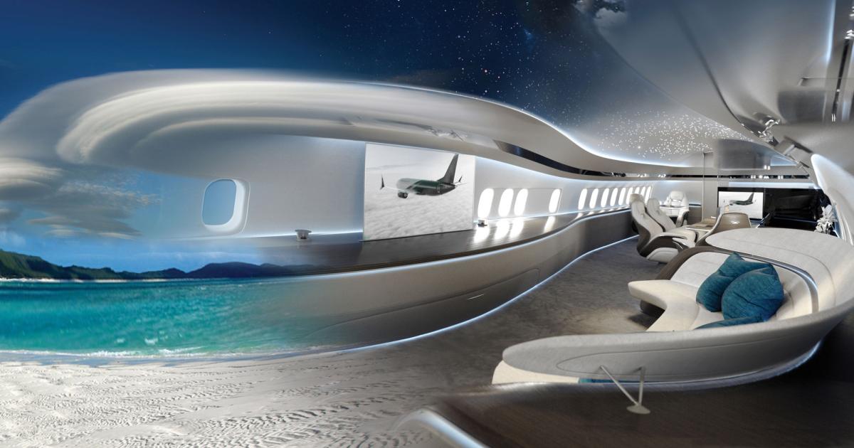 Boeing’s Genesis concept cabin design was developed by Argentina’s SkyStyle, and it highlights nature’s tranquility with carpeting that resembles a white-sand beach, puffy clouds, rolling hills, and a starry night sky drawn on the ceiling with tiny LED lights.