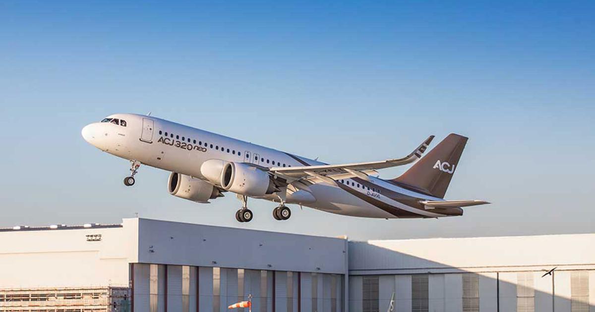 The first ACJ320neo took to the air for the first time on November 16. It will undergo a short flight-test program to validate the extra center fuel tanks, higher cabin pressure, and airstairs that differentiates the bizliner from the already certified airliner version. (Photo: Airbus)