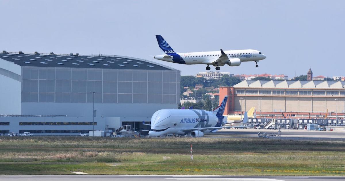 The A220-300 prepares for landing at France’s Toulouse-Blagnac Airport on its first arrival at Airbus headquarters. (Photo: Airbus)