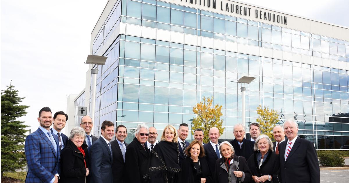 Bombardier's Montreal facility where Globals are outfitted has been renamed to honor long-time, but now retired, company president and CEO Laurent Beaudoin (second row, third from right). Beaudoin has been lauded as transforming Bombardier from its origins as a snowmobile manufacturer into a global aerospace and rail transportation giant. (Photo: Bombardier)