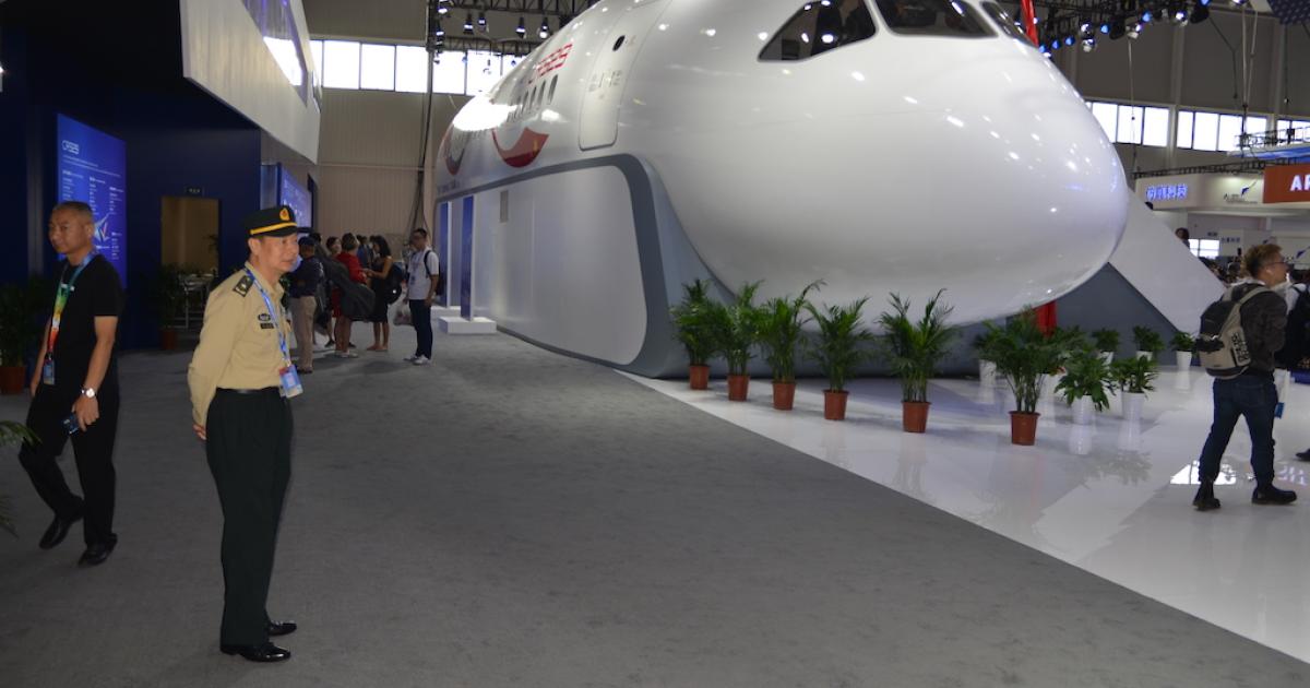 The CRAIC CR929 forward fuselage mockup makes its first appearance at a Zhuhai air show. (Photo: Vladimir Karnozov)