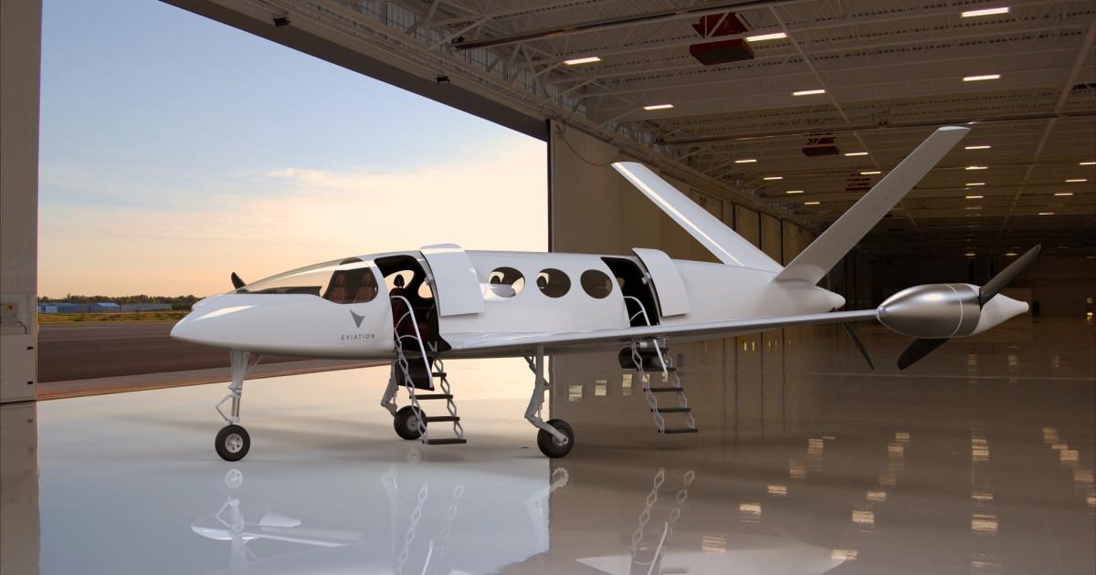 The all-electric Eviation Alice will have three Hartzell carbon-fiber pusher props—a three-blade propeller on the tail and two-blade ones on each wingtip. (Photo: Eviation Aircraft)
