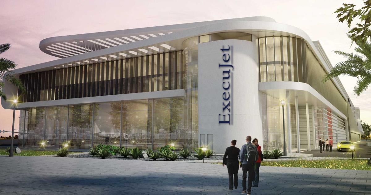 ExecuJet's planned two-story FBO at Dubai World Central, at more than 2,000 square meters (21,528 square feet), will be four times the size of its current temporary terminal at the airport. The company expects the new $30 million-plus complex to be completed by mid-2020.