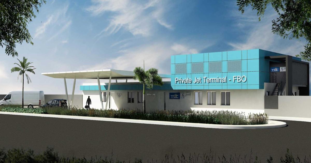 An artist rendering shows the proposed renovations to the private aviation terminal at St. Maarten's Princess Juliana International Airport. Plans call for remodeling of the facility and the addition of a second floor, which will be used for administrative offices by the FBOs Arrindell Aviation by Signature Flight Support and Execujet.