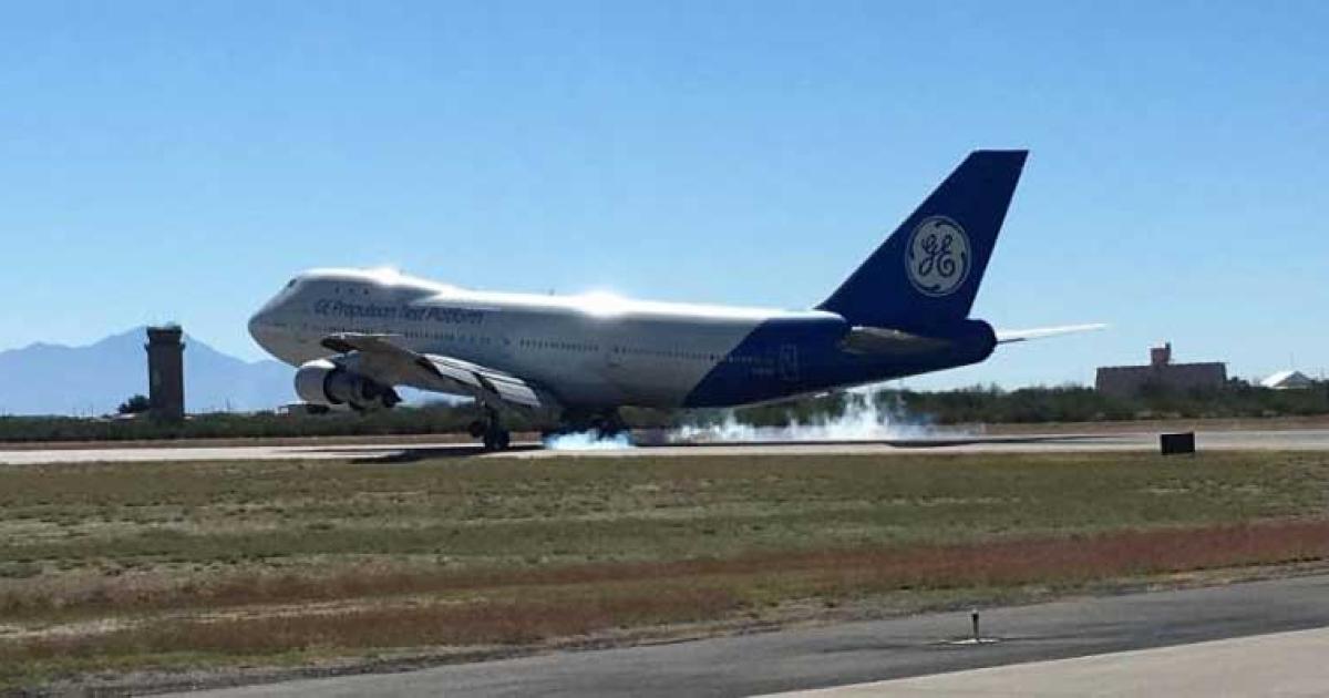 GE's former 747 flying engine testbed makes its final landing on Nov. 15, in Tucson, Ariz., where it will become part of the collection of the Pima Air & Space Museum. It was the oldest active 747, having served 21 years with Pan Am before being acquired by the engine maker, and flying for another 24.