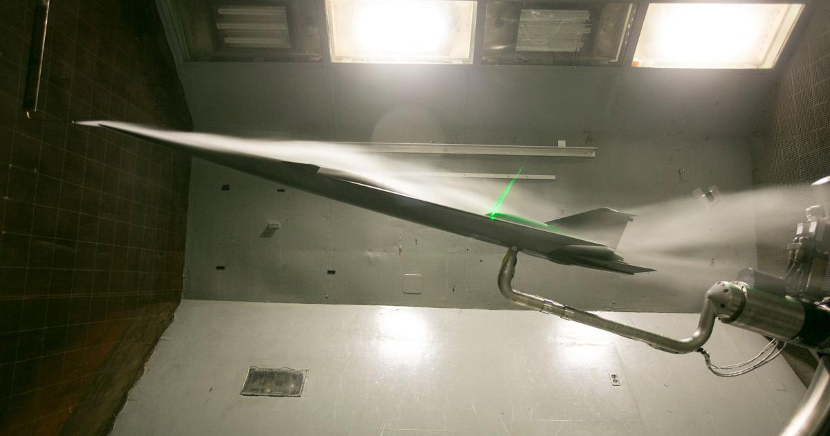 Low-speed wind tunnel testing of the X-59 low-boom supersonic demonstrator has started at NASA Langley. NASA plans to fly the X-59 in 2023 over "select communities" in 2023 to measure residents’ reactions to any noise they might hear, potentially paving the way for supersonic flight over land in the U.S. (Photo: NASA/David C. Bowman)