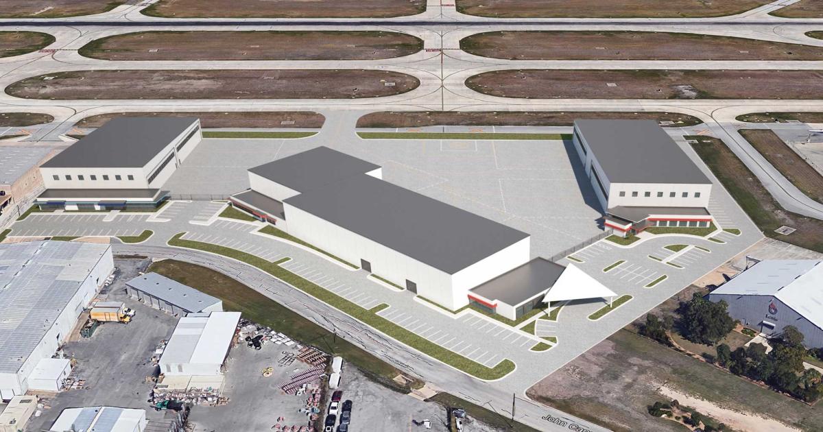 This artist rendering shows Western LLC's redevelopment plans for the former Hawker Beechcraft facility at San Antonio International Airport. When completed, the $25 million project will add more than 100,000 sq ft of hangar and office space.