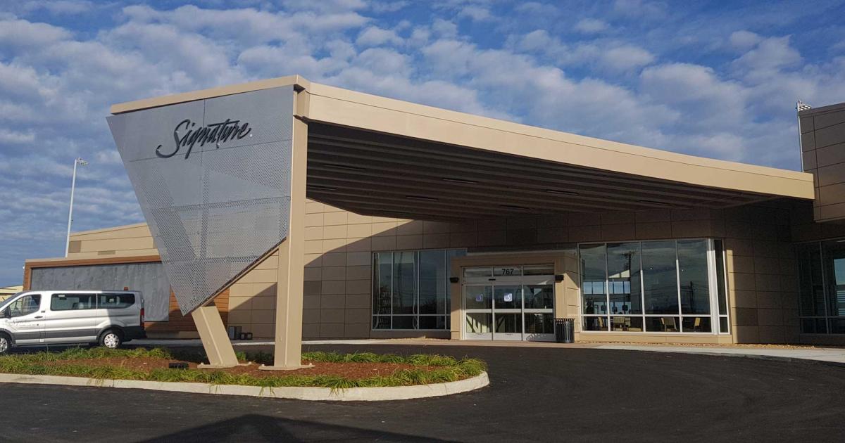 Signature Flight Support unveiled its new $15 million FBO facility this week at Nashville International Airport. Included in the project was a new executive/sports charter terminal and a 12th hangar, which brings the location up to 138,000 sq ft of storage space.
