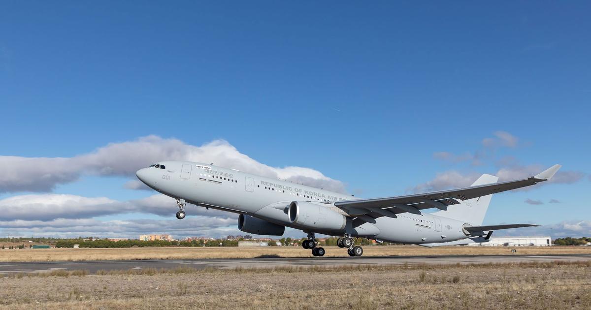 The Republic of Korea Air Force's first MRTT takes off from Getafe, Spain, on November 9 on its ferry flight to Gimhae Air Base via Vancouver. (Photo: Airbus Defence and Space) 
