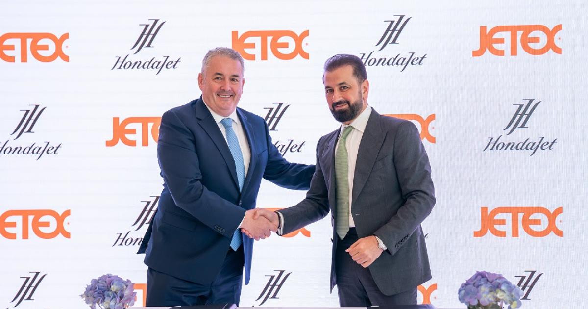 Adel Mardini, right, president and CEO of Jetex joined with Simon Roads, Honda Aircraft director of sales for the Middle East and Africa presiding over the official dealer signing ceremony between Jetex and Honda Aircraft at the Jetex FBO Terminal Dubai, Al Maktoum International Airport, Dubai South on December 9th.