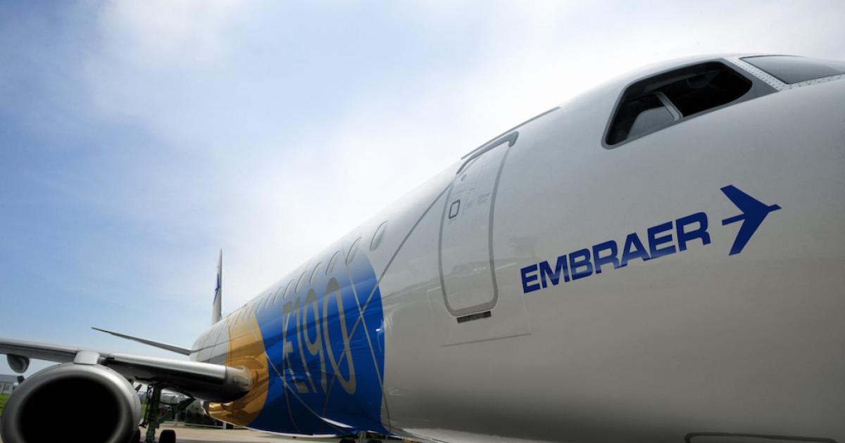 An Embraer 190 sits parked outside the company's factory in Sao Jose dos Campos, Brazil. (Photo: Embraer)