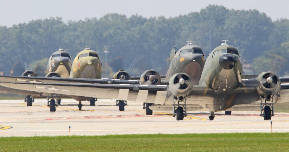 A fleet of vintage C-47s and DC-3s will be flying from the U.S. to the UK next May to participate in the commemoration of the 75th anniversary of the D-Day invasion. On June 5, more than 30 Dakotas will participate in a drop of more than 250 WWII re-enactors over the Normandy region. (Photo: Tom Demerly)