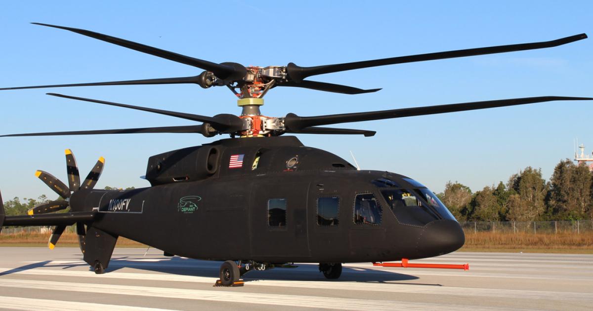 The SB>1 Defiant employs a rigid coaxial main rotor with an eight-bladed pusher propeller. (photo: Sikorsky)