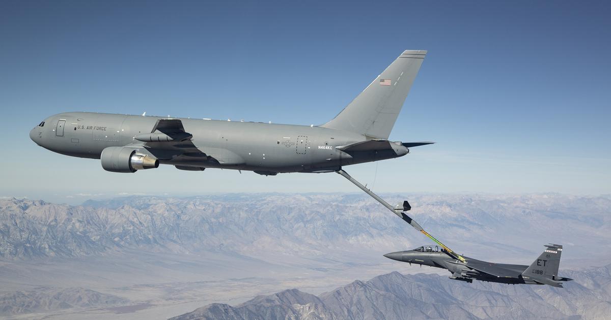 KC-46A N464KC (11-46002) refuels an F-15E from the Eglin-based 96th Test Wing during the final part of Phase II receiver certification testing, which was conducted at Edwards AFB. (Photo: Boeing)