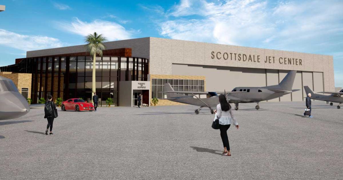 An artist rendering shows the proposed Scottsdale Jet Center, the first phase of which is expected to be completed by mid-2020. When it opens, it will become the third FBO at Arizona's Scottsdale Airport.