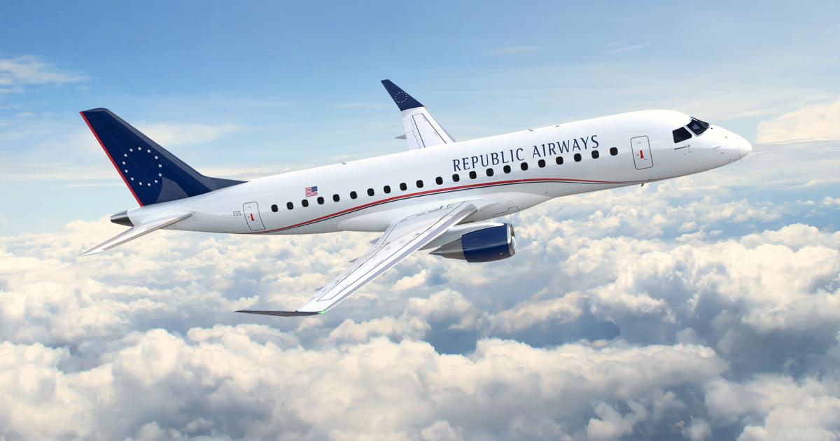 Finalizing a letter of intent announced at the Farnborough airshow, Embraer has signed a contract with Republic Airways for a firm order for 100 E175s. Deliveries are scheduled to begin in the second half of 2020. (Photo: Embraer)