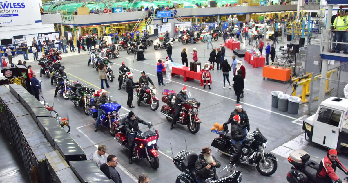 More than 100 Spirit AeroSystems employees participated in the supplier's second annual toy run that included a ride through the company's Plant 2 in Wichita, where it assembles Boeing 737 fuselages. (Photo: Spirit AeroSystems)