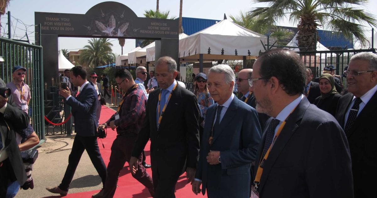 Ali Alnaqbi, MEBAA chairman (center l), Mohammed Sajid, Moroccan minister of tourism (center r), and Zouhair El Aoufir, Moroccan Airports Authority CEO (r) open MEBAA Morocco at the Marrakech Menara Airport in September 2017. The event will return to Marrakech in 2019.