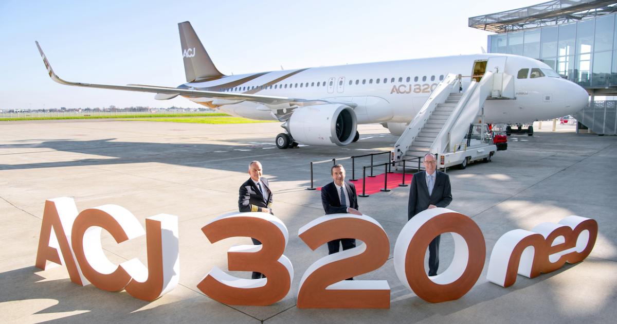 Acropolis Aviation chief pilot Philip Lintott-Clarke, Airbus Corporate Jets president Benoit Defforge and Acropolis Aviation CEO Jonathan Bousfield (from left to right) celebrate the first delivery of the ACJ320neo.
