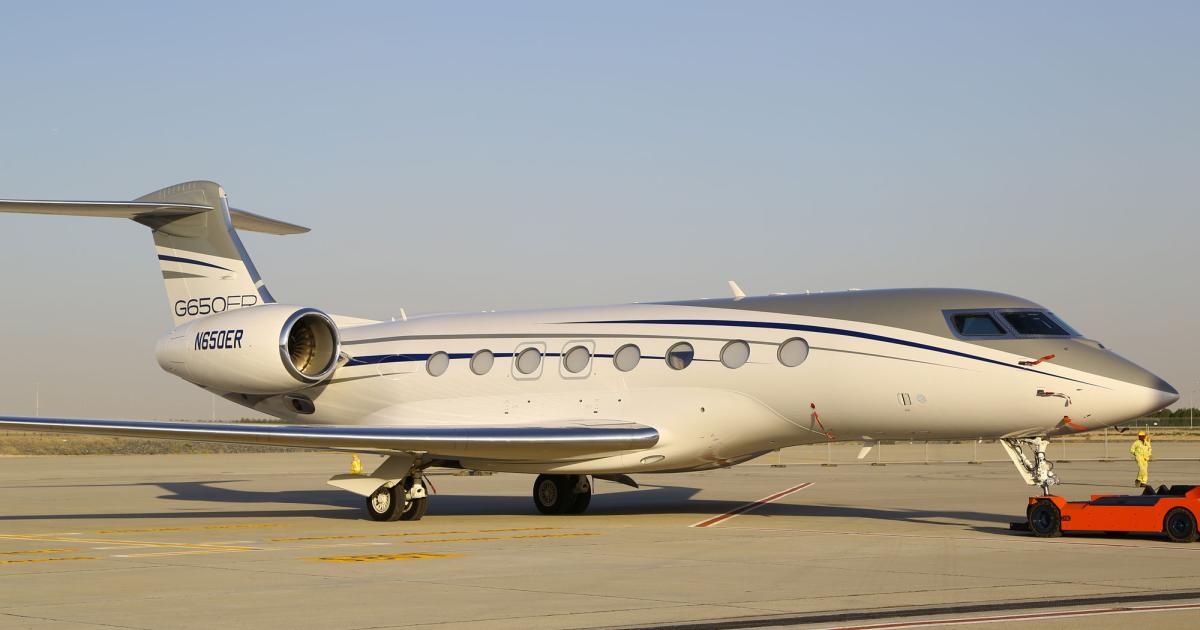 Preowned inventory of ultra-long-range Gulfstreams is very low, with just 3.2 percent of the 342 in-service G650/650ERs up for sale, according to the latest data from Hagerty Jets Group. (Photo: David McIntosh/AIN)