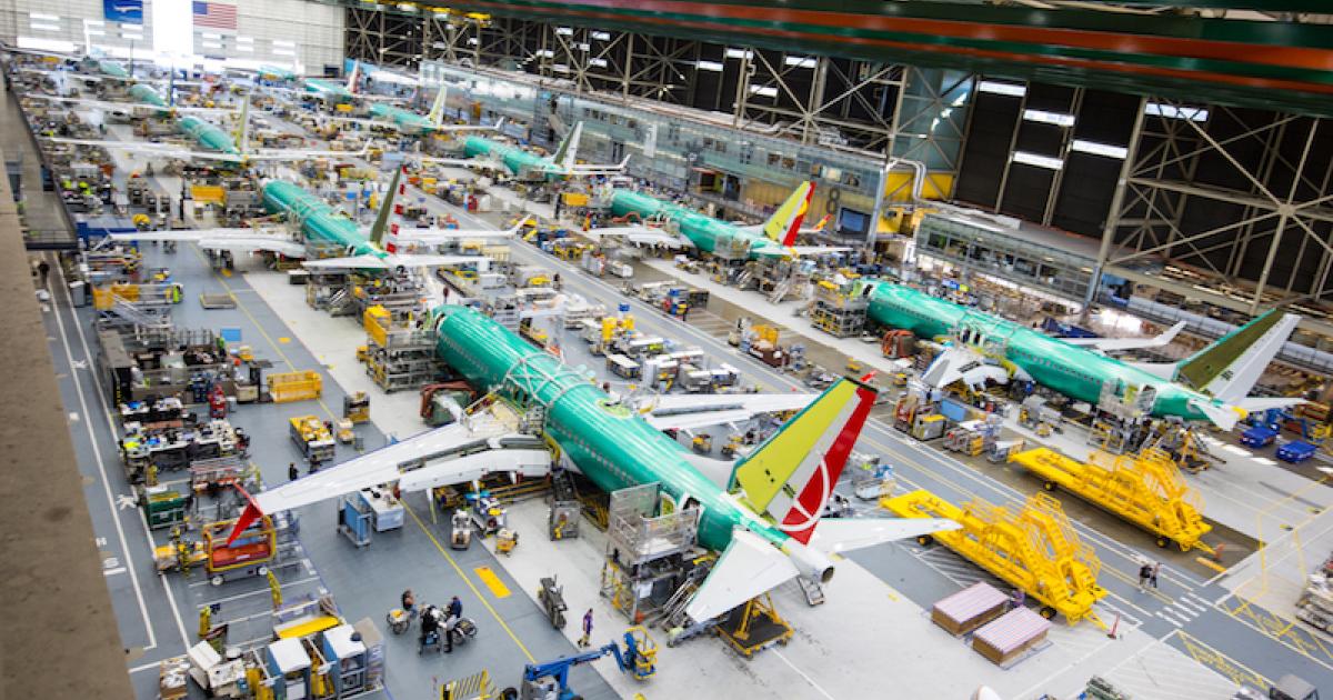 Boeing delivered 69 737 Max jets from its factory in Renton, Washington, in December, but the company must resolve continuing supply chain troubles before breaking rate to 52 per month later this year. (Photo: Boeing) 