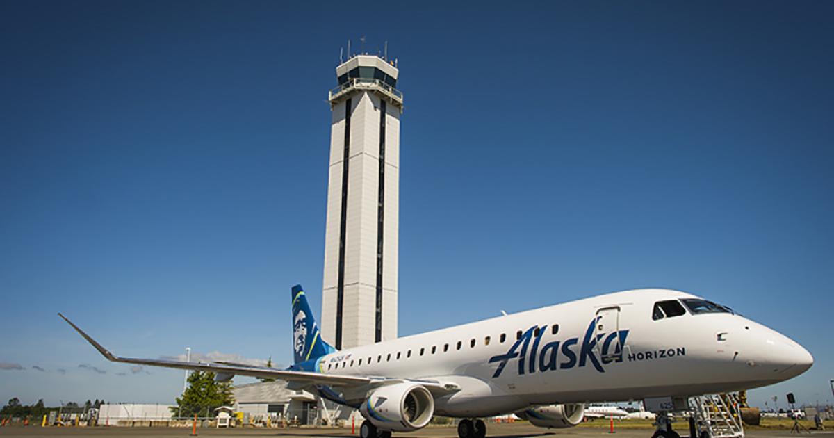 Alaska Airlines must await the end of FAA furloughs before it can launch planned service to and from Paine Field with Horizon Air Embraer 175s. (Photo: Alaska Airlines) 