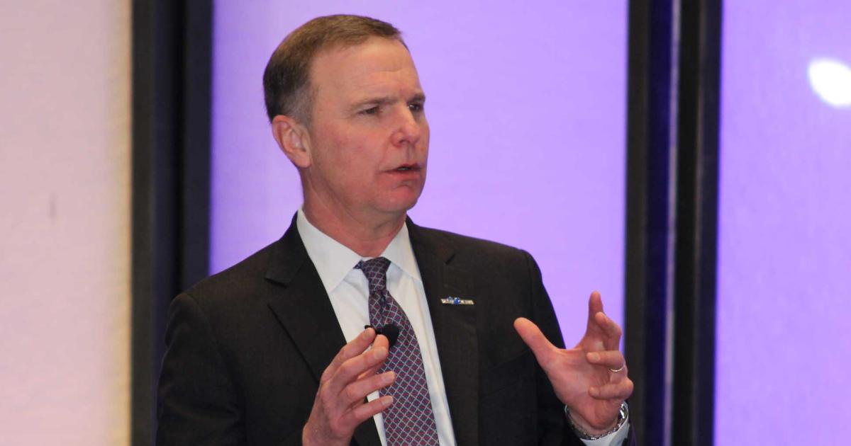 NBAA head Ed Bolen noted the business aviation industry's next challenge is dealing with shortages of pilots and maintenance technicians in the opening general session of the organization's Schedulers & Dispatchers Conference this morning in San Antonio, Texas. (Photo: Jerry Siebenmark/AIN)
