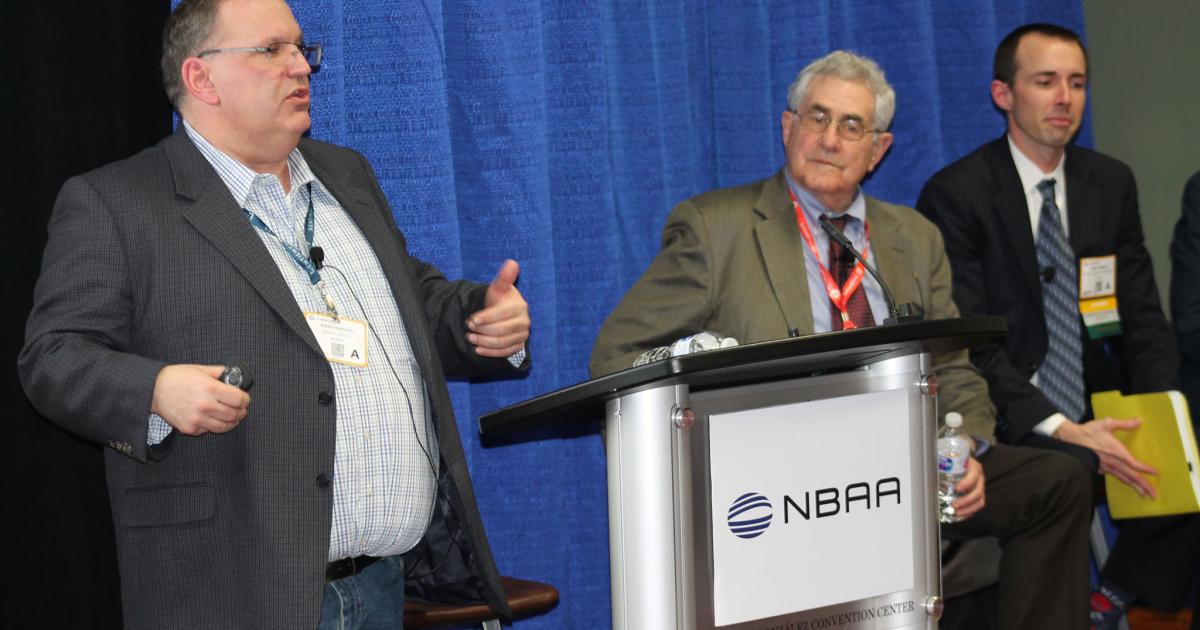  Adam Hohulin, senior vice president of operations at Sentient Jet, speaks at a panel session on the new air charter broker regulation January 30 at the 2019 NBAA Schedulers & Dispatchers Conference in San Antonio, Texas. To the right are panelists Gary Garofalo and Jason Maddux, both of law firm Garofalo Goerlich Hainbach. (Photo: Jerry Siebenmark)