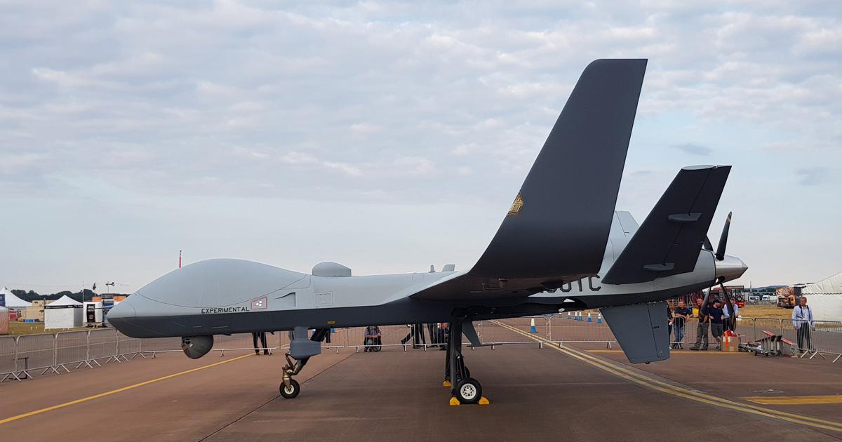 The first developmental SkyGuardian is seen at RAF Fairford in July 2018 following a non-stop flight from Grand Forks AFB, North Dakota. (Photo: Beth Stevenson)