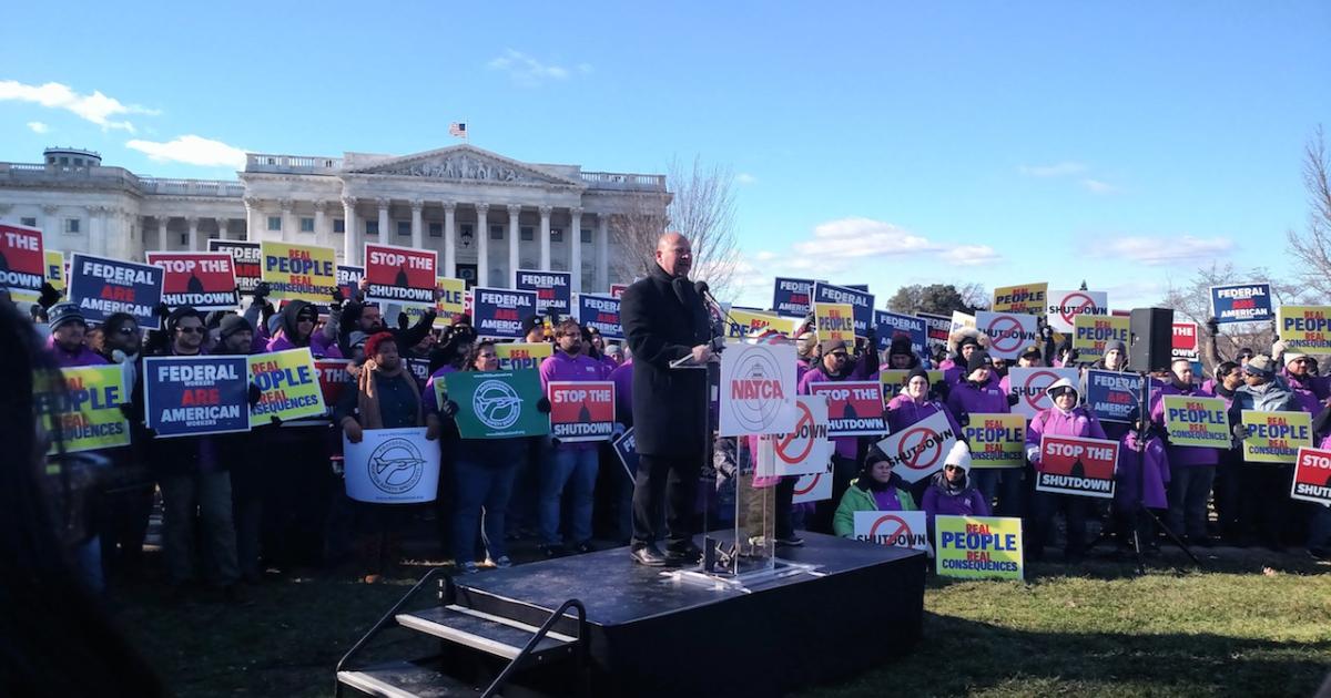 NATCA chief Paul Rinaldi, joined by numerous federal aviation workers, call on Washington leaders to end the government shutdown.