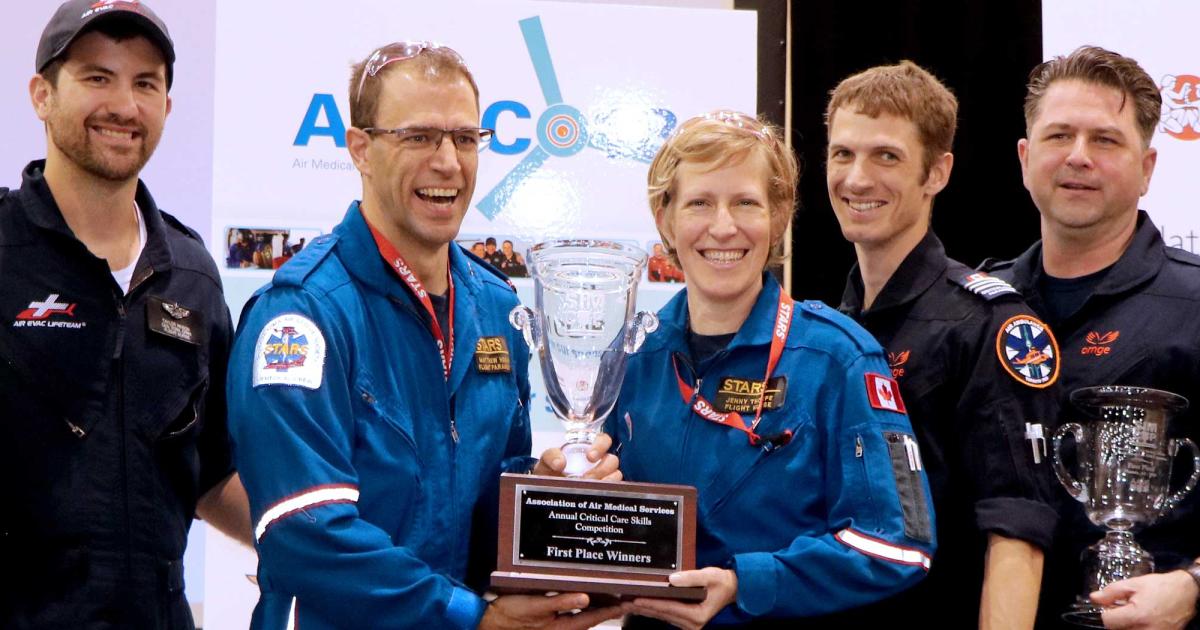 Matthew Hogan and Jenny Thorpe, of Canada-based Shock Trauma Air Rescue Society (STARS) display the first place trophy at the AAMS 2018 Sim Cup Competition.
