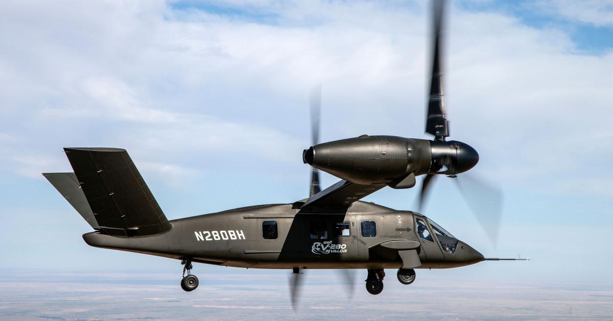 Bell's tiltrotor V-280 Valor hit 280 knots airspeed on January 23, 2019. The machine is the company's entry in the Army’s Joint Multi-Role Technology Demonstrator Program. (Photo: Bell)