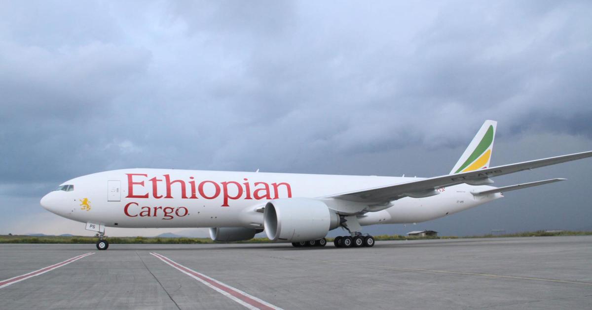 An Ethiopian Airlines Boeing 777F pictured at Addis Ababa Bole International Airport. (Photo: Nahom Tesfaye)