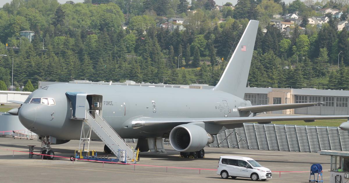 A Boeing KC-46A Pegasus air refueling tanker flight test vehicle sits on the ramp at the company's delivery center in Everett, Washington. Boeing said Thursday it has signed the paperwork to hand over the first KC-46 to the U.S. Air Force, which will be assigned to McConnell Air Force Base in Kansas. (Photo: Jerry Siebenmark)