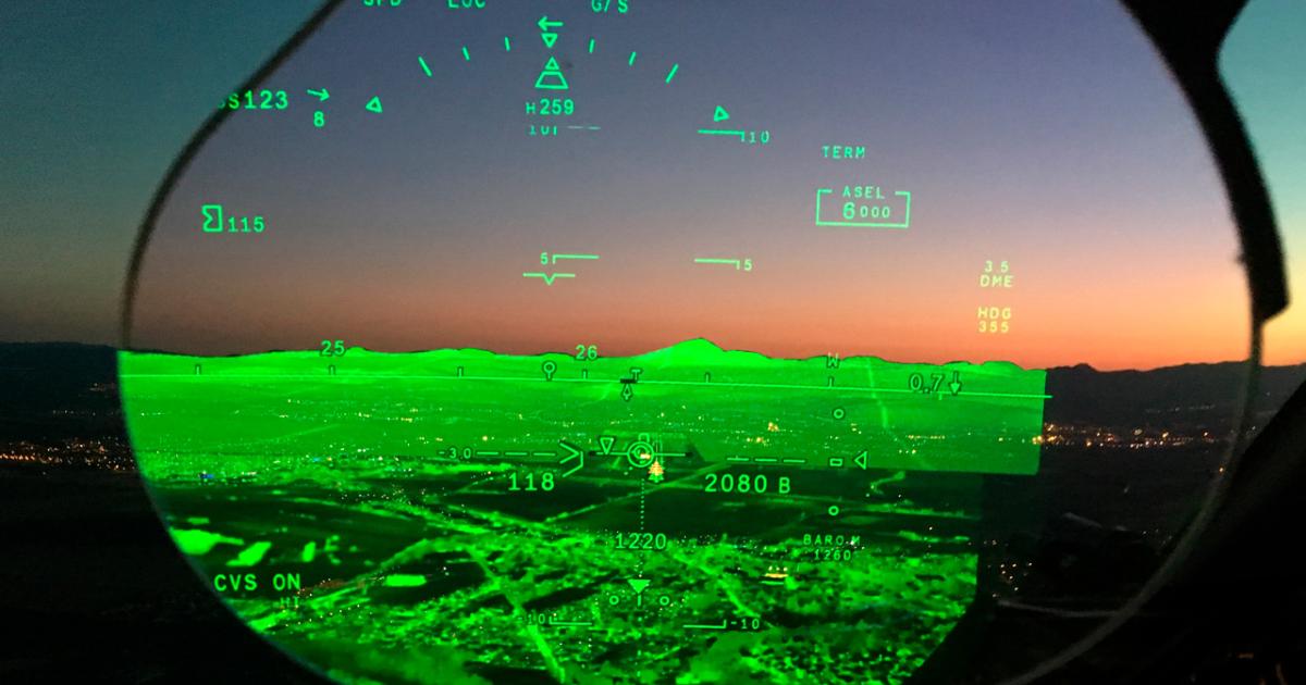 Dassault's FalconEye combines enhanced vision system and synthetic vision system imagery on the head-up display. The two image types are separated by a horizontal split line. (Photo: Dassault)