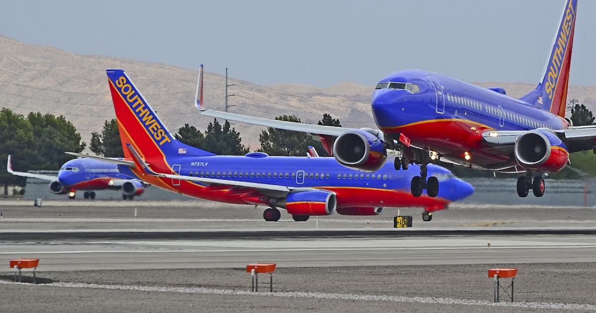 Southwest Airlines Boeing 737s project a dominant presence at McCarran Airport in Las Vegas. (Photo: Flickr: <a href="http://creativecommons.org/licenses/by-sa/2.0/" target="_blank">Creative Commons (BY-SA)</a> by <a href="http://flickr.com/people/tomasdelcoro" target="_blank">TDelCoro</a>)   