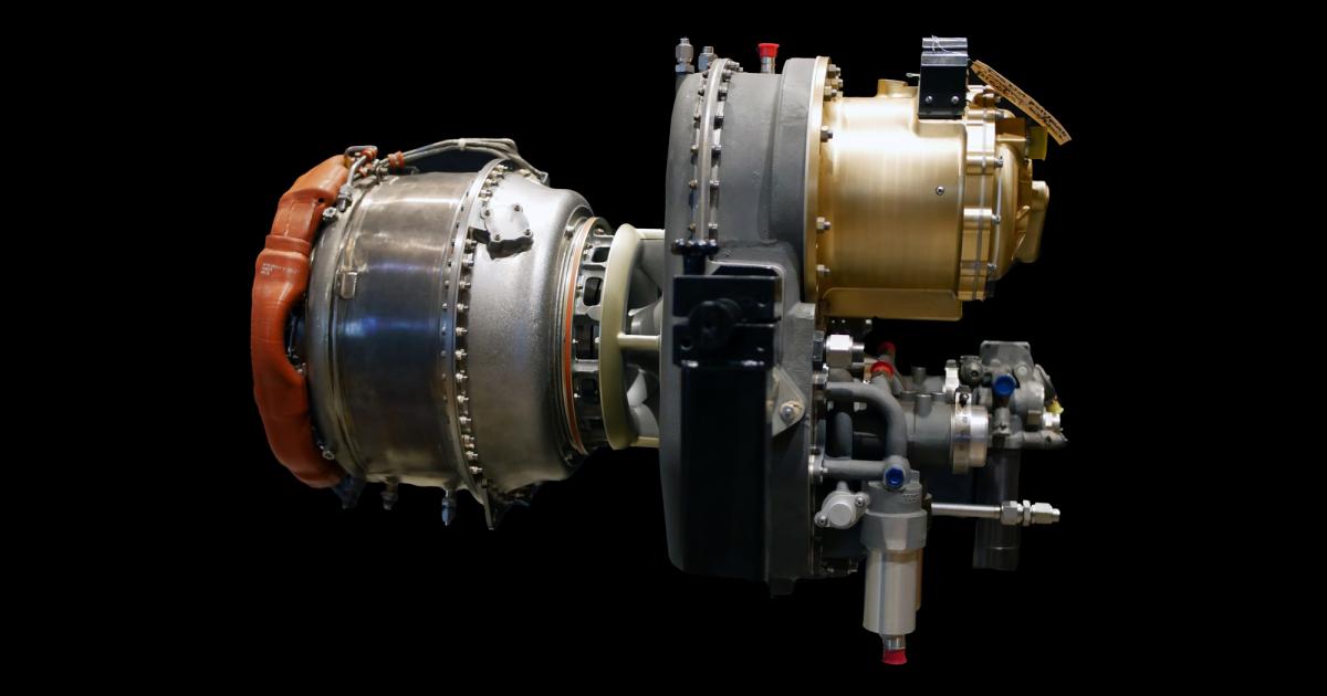 Honeywell's first offering in the hybrid-electric space is this HTS900 gas turbine engine equipped with two 200-kilowatt electric generators attached to the gearbox. (Photo: Honeywell Aerospace)