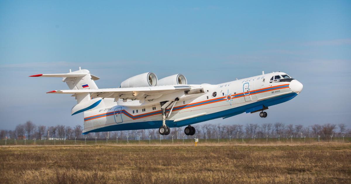 A program to re-engine the Beriev Be-200 with Powerjet SaM146 turbofans will increase the amphibian's range and improve fuel efficiency. (Photo: Beriev)