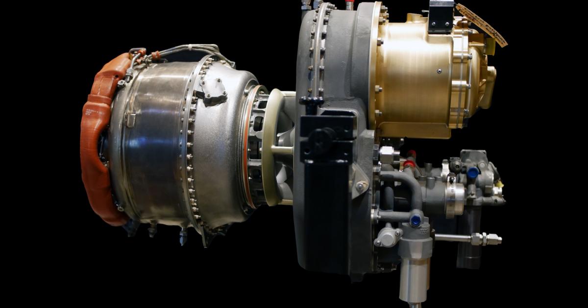 Honeywell's first offering in the hybrid-electric space is this HTS900 gas turbine engine equipped with two 200-kilowatt electric generators attached to the gearbox. (Photo: Honeywell Aerospace)