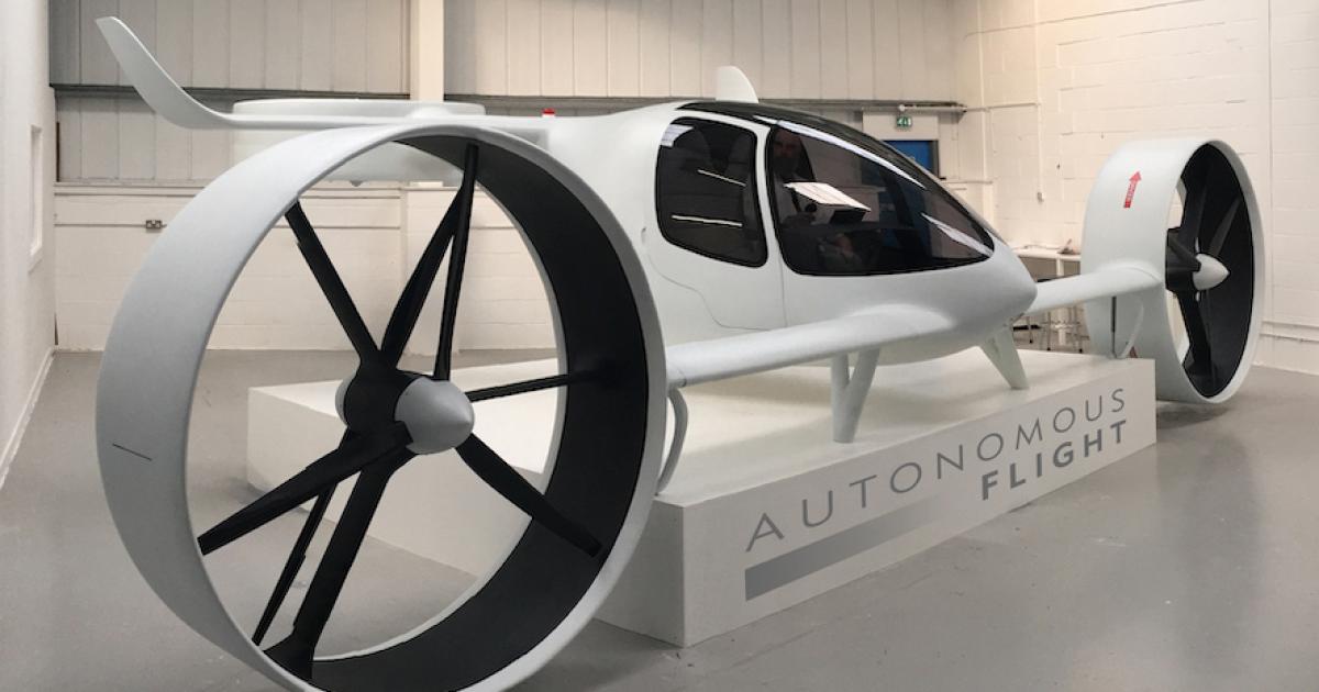 The Autonomous Flight Y6S Development Prototype has moving shrouds and fans to show its tiltrotor concept.