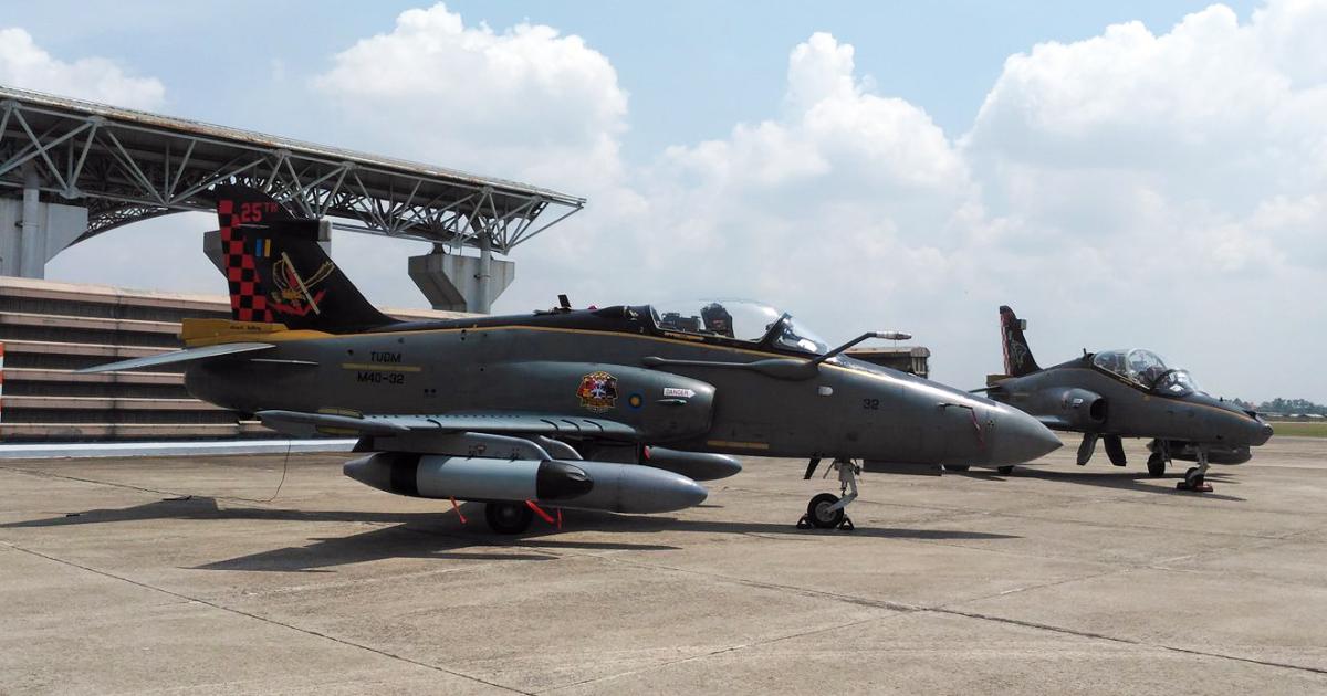 The RMAF is celebrating 25 years of Hawk operations, with a single-seat Hawk Mk 208 (foreground) and two-seat Mk 108 painted in anniversary markings. (Photo: Royal Malaysian Air Force)