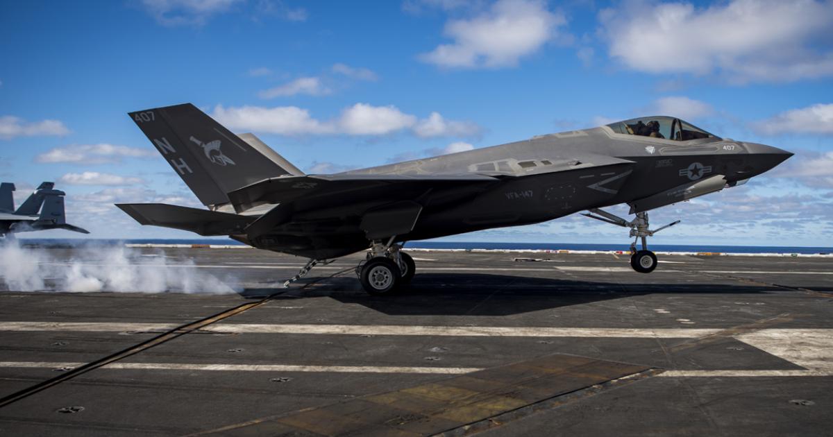 An F-35C from VFA-147 "Argonauts" lands on USS Carl Vinson during the squadron's carrier qualifications that were undertaken starting in December. Vinson is scheduled to host the first operational deployment by the F-35C in 2021. (photo: U.S. Navy)
