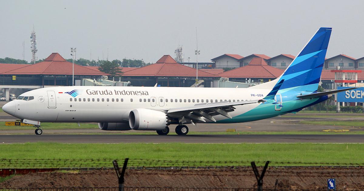 Garuda Indonesia's sole Boeing 737 Max 8 taxis at Jakarta's Soekarno-Hatta International Airport. 