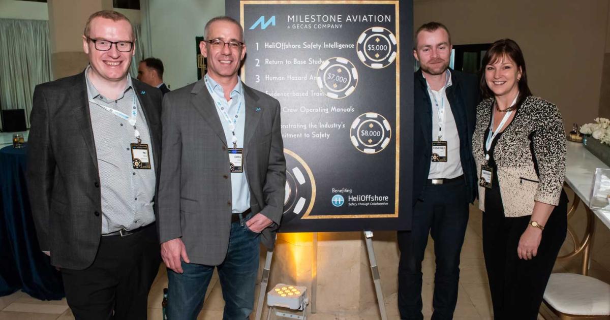 Winners in Milestone Aviation’s annual Poker Invitational tournament were able to chose HeliOffshore safety programmes that will benefit from the leasing group’s sponsorship. Celebrating the event in Atlanta are (left to right): Pat Sheedy, Milestone Aviation’s managing director for portfolio and underwriting), Greg Conlon, Milestone Aviation’s president and CEO, Jonathon Casson, deputy managing director for Heli-Union’s offshore division, and Gretchen Haskins, CEO of HeliOffshore.