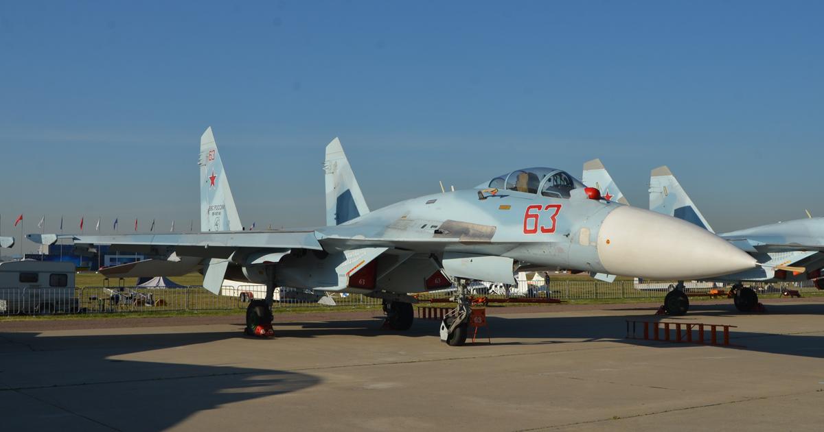 The Su-27SM3 can be identified by the additional radio antenna behind the canopy. (Photo: Vladimir Karnozov)