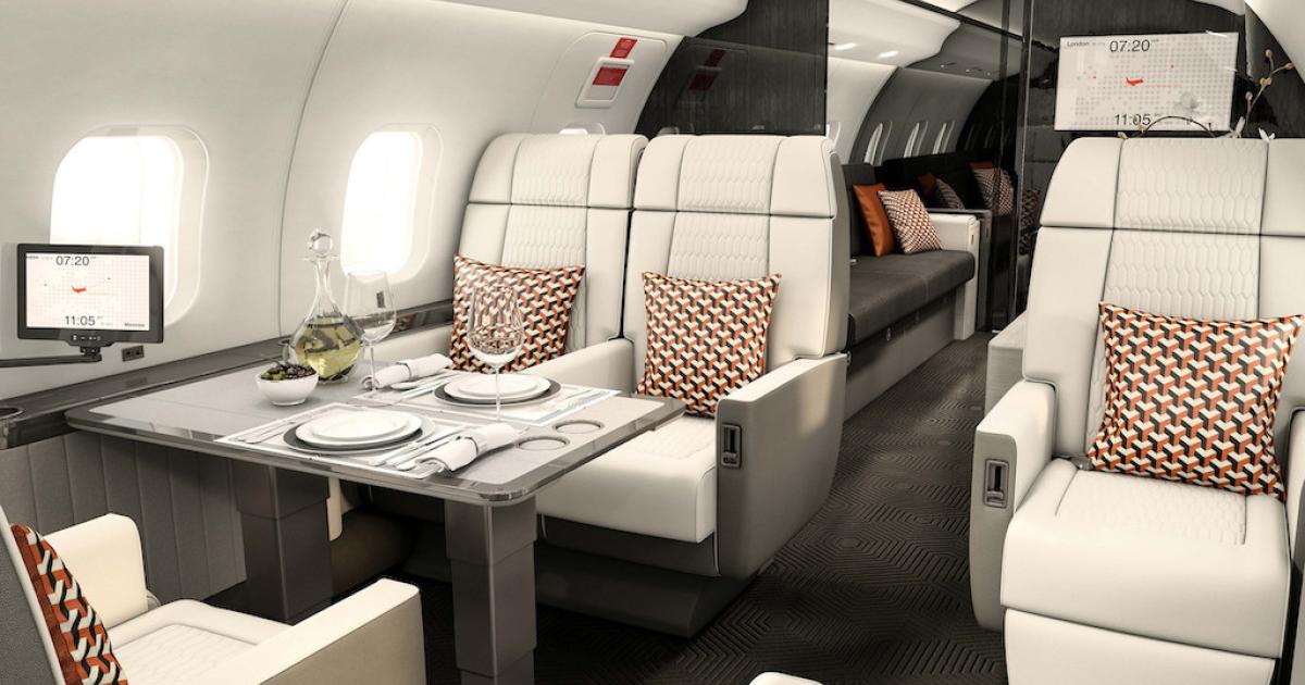 FAI Technik's latest Global Express cabin refurbishment project dubbed "Pearl" includes Collin Aerospace's Venue cabin management and high-definition entertainment system. (Photo: FAI Technik)