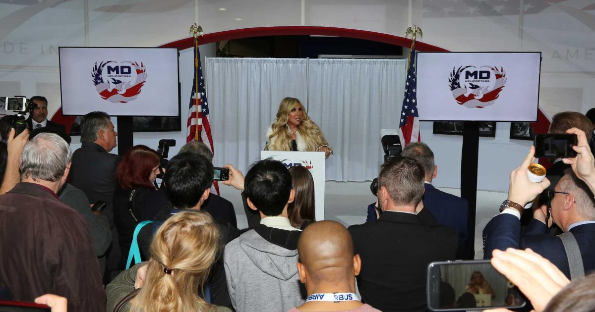 MD Helicopters owner and CEO Lynn Tilton updated Heli-Expo visitors on the company's rotorcraft, including the Swift twin, which will compete for the Army's FARA program and have a top speed of 200 knots. 